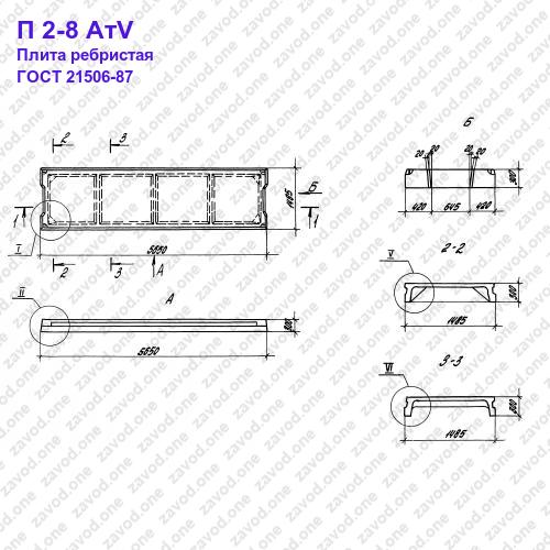 П 2-8 АтV плита ребристая железобетонная, ГОСТ 21506-87, цена 29640 руб ...